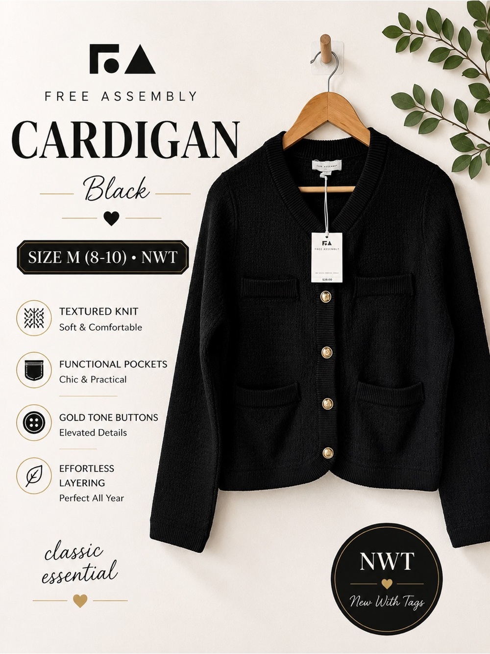 Free Assembly Black Textured Knit Cardigan Gold Button Crop Size M NWT